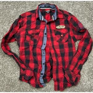 Carbon Youth Small Red Black Plaid Button Up Shirt Long Sleeve Flannel